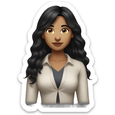 Indian girl with shoulder length wavy black hair and wispy bang with dark brow eyes wearing a modern outfit. sticker