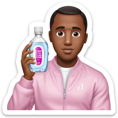 A realistic product shot of a transparent bottle of Johnson’s Baby Oil by Johnson & Johnson, featuring a soft pink label. The oil inside is crystal clear and glossy. Sean "Diddy" Combs is holding the bottle sticker