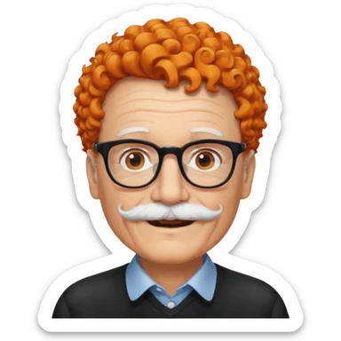 An elderly man with curly orange hair, brown eyes, black glasses, and a white mustache, wearing a gentle smile. sticker