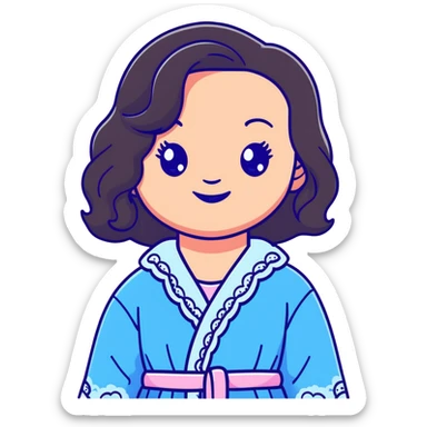 a girl with dark brown wavy hair just below her shoulders, with blue eyes, full lips, pink cheeks, plump skin, in a lace blue robe with a smile. sticker