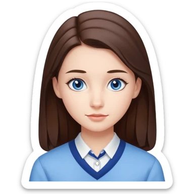 Realistic Student Portrait, with porcelain-like skin featuring a natural rosy flush, iHer Brunette Half-Up Style for Straight  hair flows in soft, Her deep blue eyes radiate warmth and innocence,  wear light blue preppy style. sticker