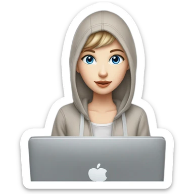 beautiful girl with computer,blue eyes,beautiful girl with short hair with computer,blue eyes,white skin, makeup, hoodie,short light-brown hair,code in background sticker