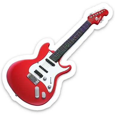 A bright red electric guitar with a shiny finish, white pickguard, and neon green strings. Add a glowing purple outline and faint music notes around it.   sticker