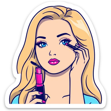 Blonde woman with long hair, blue eyes and pink lips holding mascara in her hands sticker
