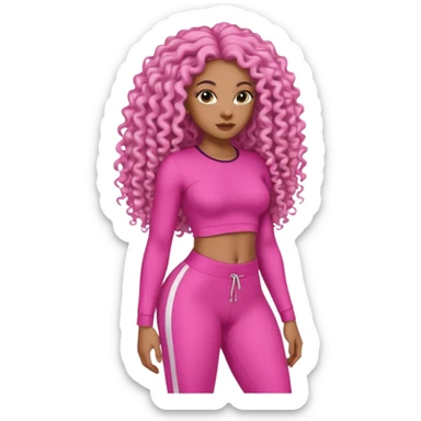 Uma mulher negra da pele clara com cabelo cacheados bem longo até a bunda  sem tanto volume no cabelo e um corpo atlético com roupa rosa  sticker