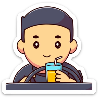 driver with flushed cheeks, one hand on the wheel, the other holding a drink, exaggerated expression sticker