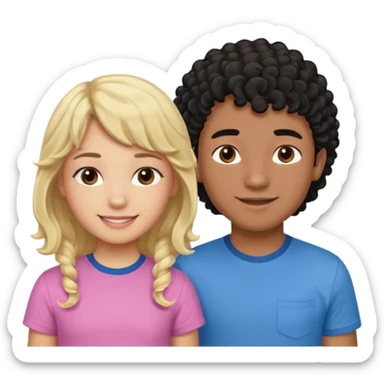 Menino de pele morena de olho castanho meio preto e cabelo cacheados ralo e blusa azul e menina loira de cabelos longos e franja na testa sorrindo com blusa rosa sticker