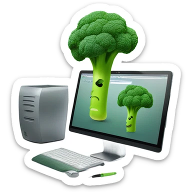 Generate a creative broccoli emoji sitting in front of a computer with a stylus, designing something on a screen. sticker