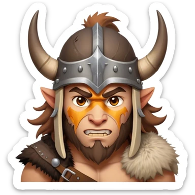 Clash of Clans aesthetic: Cinematic Fierce Barbarian Portrait Emoji, Poised and bold with a rugged yet cartoonish build in tattered furs and a horned helmet, his face rendered in a natural skin tone (not yellow), expressive bright eyes and a confident smirk, Simplified yet dynamic features, highly detailed, glowing with a vivid, adventurous aura, high shine, heroic and spirited, stylized with an air of medieval warrior charm, focused and energetic, soft glowing outline, capturing the essence of a fearless barbarian adventurer ready to lead his clan with spirited valor! sticker
