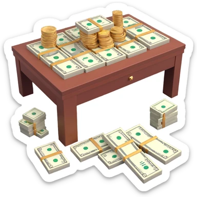 realistic 3D table with assorted jewelry, a Rolex wristwatch, and stacks of money sticker