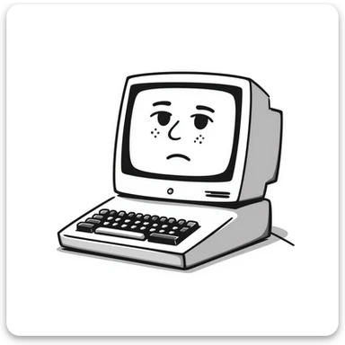 Pixel art style old Macintosh computer with a sad glitchy face on the screen, simple monochrome linework sticker