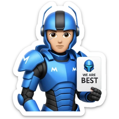 a futeristic scifi soldier in blue and black holding a sign saying Mercs, under this futeristic scifi in blue and black holding a sign is the text we are the best. in gif sticker