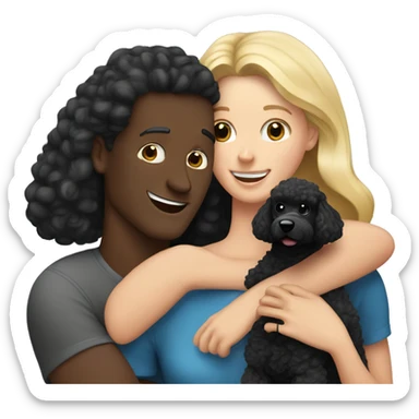 European blond mom, european dad with dark hair and European blond daughter hug black poodle sticker
