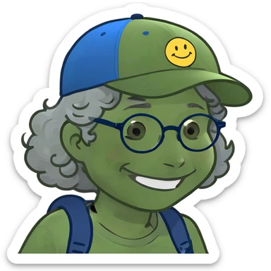 a female, yellow faced emoji, simple style, big smile, winking, blue ball cap on backwards, cartoon, curly grey hair, no eye color, glasses sticker