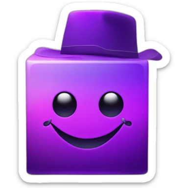 purple gradient smiling cube with 2 long hands on its side and 2 long legs below with a hat sticker