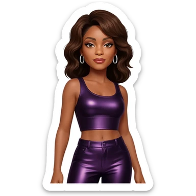 Whitney Houston with dark brown hair, dark purple metallic crop top, dark purple metallic pants, silver earrings sticker