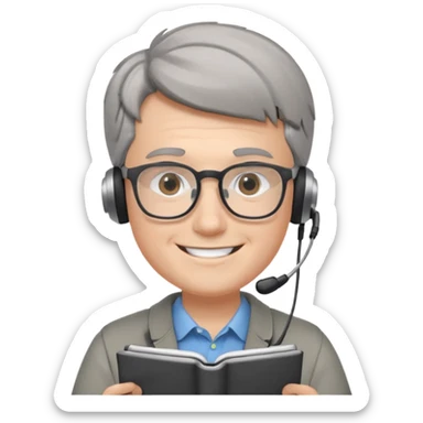 young white man, intelligent and focused, doing data analysis, glasses, small headphones, big smile, short gray hair sticker