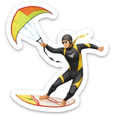 A kite surfer soaring above the waves, holding onto a kite with the wind in full force. The background showcases the ocean and sky, emphasizing the freedom, thrill, and energy of the sport. The motion of the kite and board is dynamic, capturing the excitement of kiting. sticker