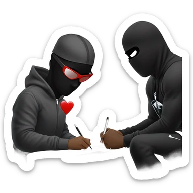 give me a song picture for make it a black cartoon character in a balaclava and a nike tracksuit and jordans with black sunglasses with a broken heart writing a letter while looking down on a whitewoman with black hair sticker