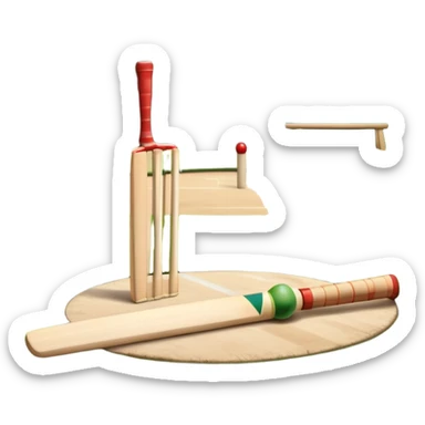 A cricket bat and ball resting on a well-manicured pitch, with the stumps and bails in the background. The scene emphasizes the traditional elements of the game, with the bat poised for a shot and the field reflecting a calm, competitive atmosphere. sticker