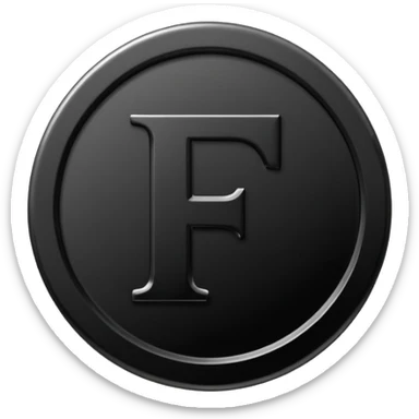 Emoji icon of a black coin with engraved letter F, minimalist style, isolated, only black color sticker