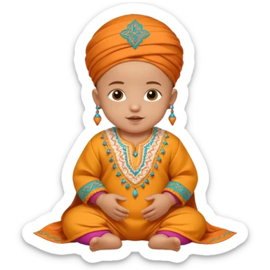  baby, dressed in colorful ghalibiya with delicate decorations, and a traditional Moroccan terbuka sticker