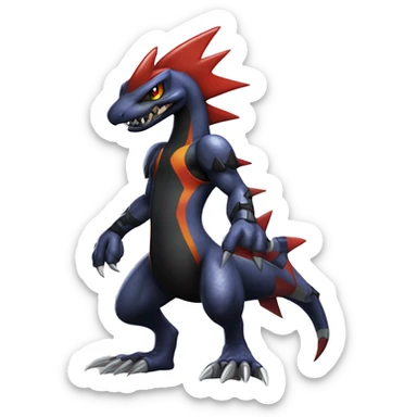 Black, Modern, Cool, Edgy, Badass Punk-style Garchomp-Charmeleon-Sergal Fakémon-Digimon with sharp edgy striking detailed stripe-markings,  full body sticker