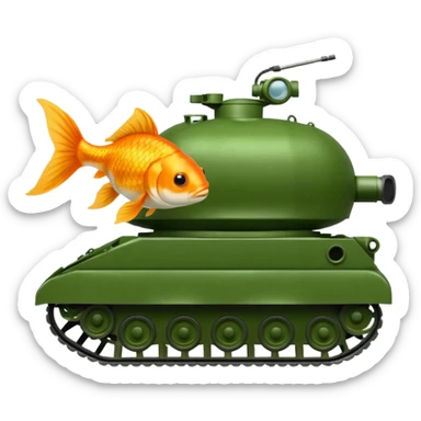 goldfish in the hatch of a green army tank, iOS emoji style sticker