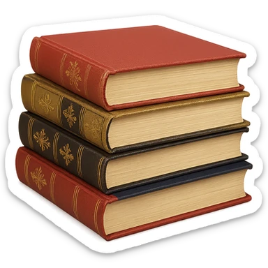 Book stack with red, gold, black, and blue books, elegant literary style sticker
