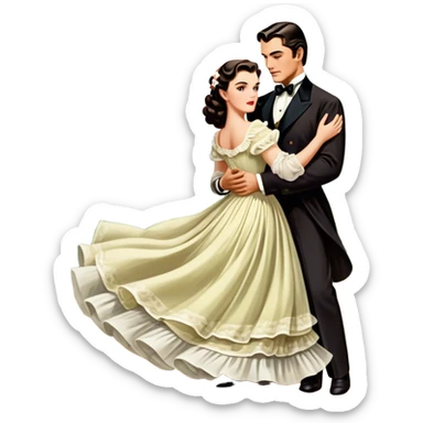 Icon for Romance Movie: A vintage movie poster-style design inspired by Gone with the Wind. Include romantic, sweeping imagery like Scarlett O'Hara in a flowing dress, Rhett Butler, a plantation backdrop, and fluttering wind-blown fabric. Soft, nostalgic cinematic feel. Transparent background. sticker