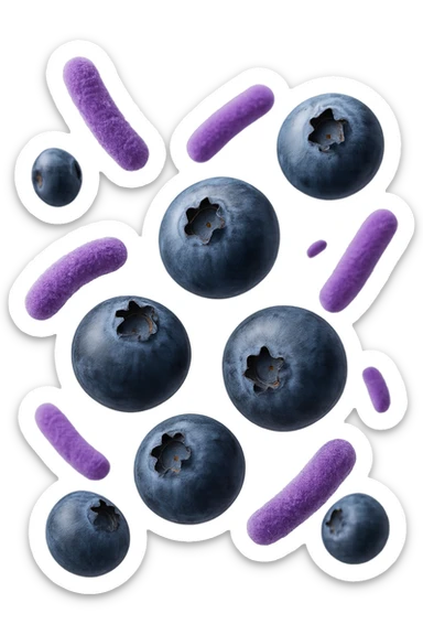 mirtilli fluttuano in aria insieme a 6 batteri intestinali viola, iperrealistico 4k sticker