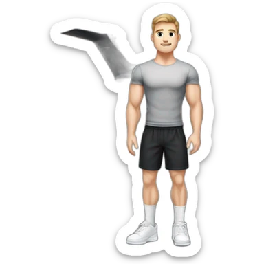 Pale skinned Fit Man With the biceps and dark brown hair in black shirt, gray sports shorts and white Sneakers Relies on the plane sticker
