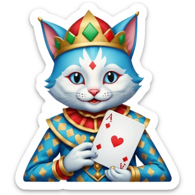 crazy colorful cute little cat jolly joker from poker, medieval, vintage, court jester, mac os icon, blue color, holds poker cards sticker