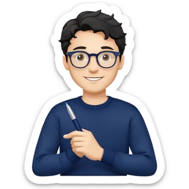 Young caucasian man with black wavy hair, round glasses, navy blue sweater, confident trustworthy smile, professional designer with pen sticker