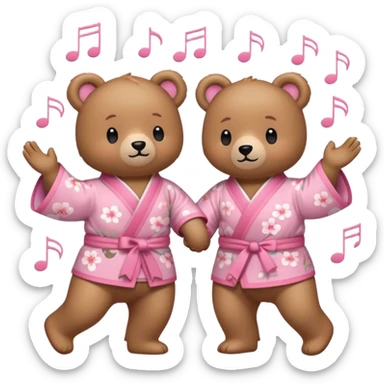 Two cute light-brown bears wearing pastel pink sakura-patterned kimonos, normal balanced body ratio.  
Holding hands and dancing happily together with music note icons and joyful movement lines.  
Kawaii emoji style, minimalistic clean sticker illustration, white background. sticker