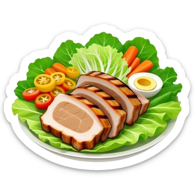 Samgyeopsal Cinematic Realistic Samgyeopsal Dish Emoji, depicted as slices of grilled pork belly served in crisp lettuce leaves with assorted fresh vegetables, rendered with dynamic textures and appetizing, natural lighting. sticker
