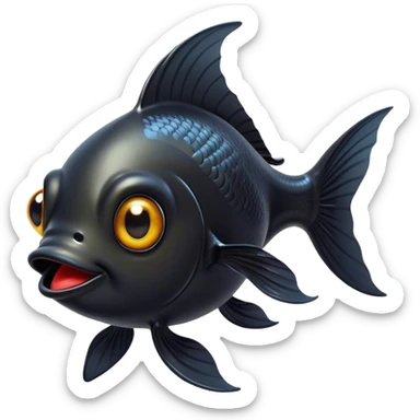 Cinematic Comical Black Goldfish Portrait Emoji, Head tilted dramatically with an exaggeratedly amused expression, featuring a striking, glossy deep black body with vibrant, fluttering fins, wide, expressive golden eyes filled with playful disbelief, Simplified yet hilariously expressive features, highly detailed, glowing with a slightly sassy glow, high shine, dramatic yet playful, stylized with an air of cheeky mischief, bright and endearing, soft glowing outline, capturing the essence of a spirited and over-the-top goldfish, so meme-worthy it feels like it could side-eye its way into internet fame instantly! sticker