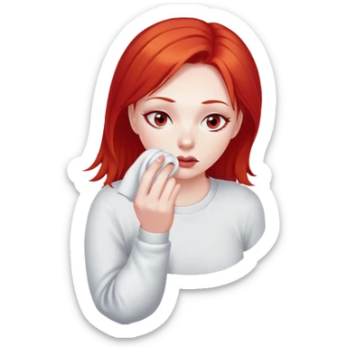 a woman with red hair and red eyes sniffing a white sock sticker