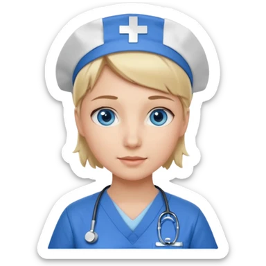 Nurse blue eyes short blond blue scrubs no hat sticker