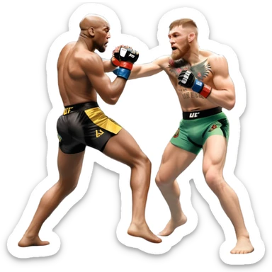 An MMA showdown between Conor McGregor and Anderson Silva in the octagon. McGregor is executing a jumping strike, while Silva skillfully deflects the attack. The background shows the UFC octagon with roaring fans and vibrant energy. Transparent background. sticker