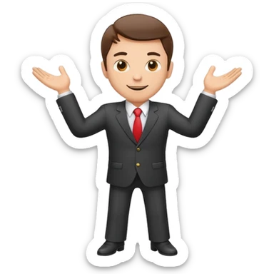 Sticker of a man in a business suit, front view, arms extended forward, friendly expression, clean cartoon style, bold outlines, minimal background, emoji sticker style sticker