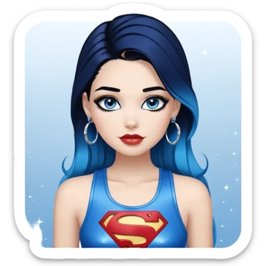 Flirty-very-beautiful-face-long-straight-dark-blue-ombre-hair-and-blue-eyes-thick-black-eyeliner-really-thick-long-eye-lashes-sky-blue-superman-tank-top-silver-hoop-earrings-glitter-lips sticker