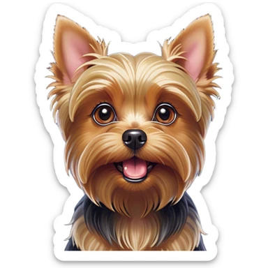 Cinematic Comical Yorkshire Terrier Portrait Emoji, Head tilted dramatically with an exaggeratedly surprised, comical expression and wide, expressive eyes, featuring a perky, well-groomed fur in rich hues, simplified yet hilariously detailed, glowing with a bold, sassy radiance, high shine, exuding playful mischief and cheeky terrier attitude, styled with a soft glowing outline, capturing the essence of a Yorkshire Terrier that appears ready to comically dash out of the frame! sticker