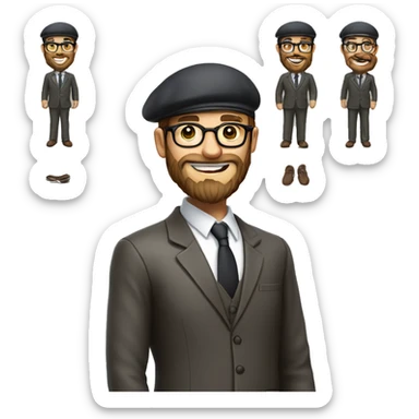 man, long brown beard, white skin, suit, standing and smile (full-body "slim"from the head to legs), beret hat, glasses sticker