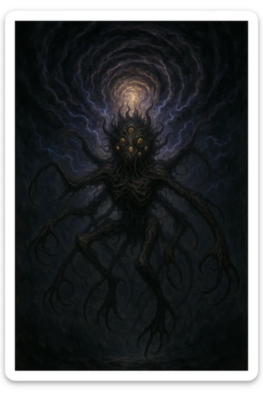 nightmarish creature with many limbs and eyes descending from a swirling sky vortex, cosmic energy, dark and eerie mood, fantasy horror style sticker