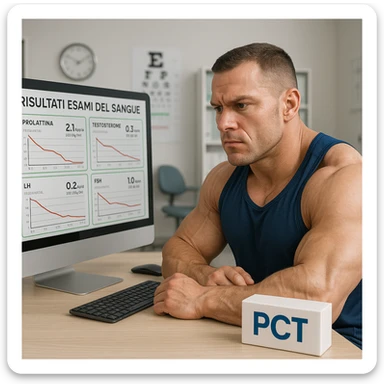 muscular bodybuilder in sportswear sitting in front of a computer showing blood test graphs in Italian, 'PCT' box nearby, analytical expression, medical office background, 4K quality sticker