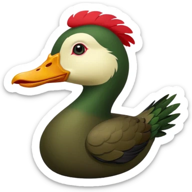 Muscovy Duck, simple emoji style, side view, greenish-black feathers, red face, yellow beak sticker