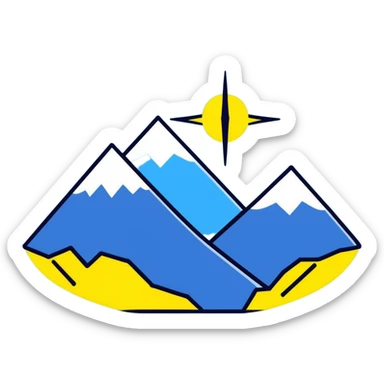 An eight-pointed star with wide wings, colored yellow, featuring a simple mountain silhouette in the center sticker