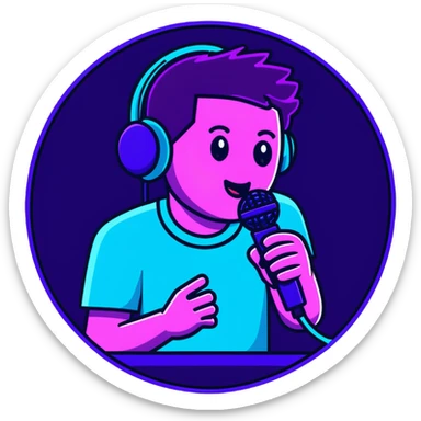 man speaking into a microphone, with neon glow effect, blue neon glow on top left, purple neon glow on bottom right sticker