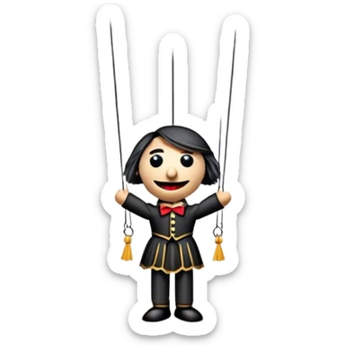 Icon for Puppet Theater: a puppet on strings with theatrical curtains in the background, along with a small stage and dramatic lighting. The icon should represent the whimsical and artistic nature of puppet performance. Transparent background. sticker
